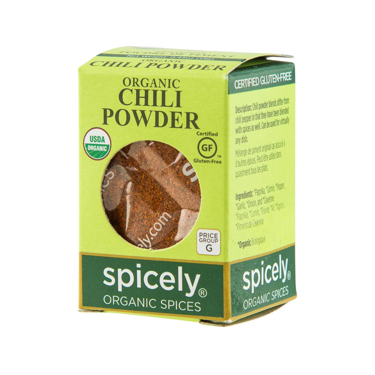 Spicely organic chili powder box with side panel, USDA Organic, gluten-free