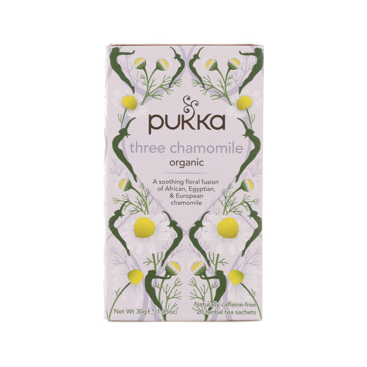 PUKKA organic three chamomile tea sachets pack, 30g, with chamomile illustrations