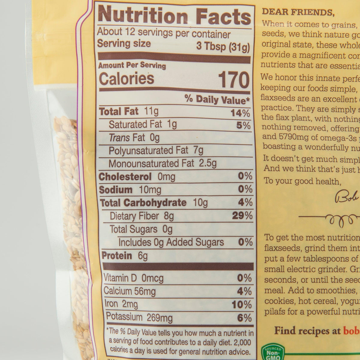BOB'S RED MILL organic whole golden flaxseed bag, close-up nutrition facts panel