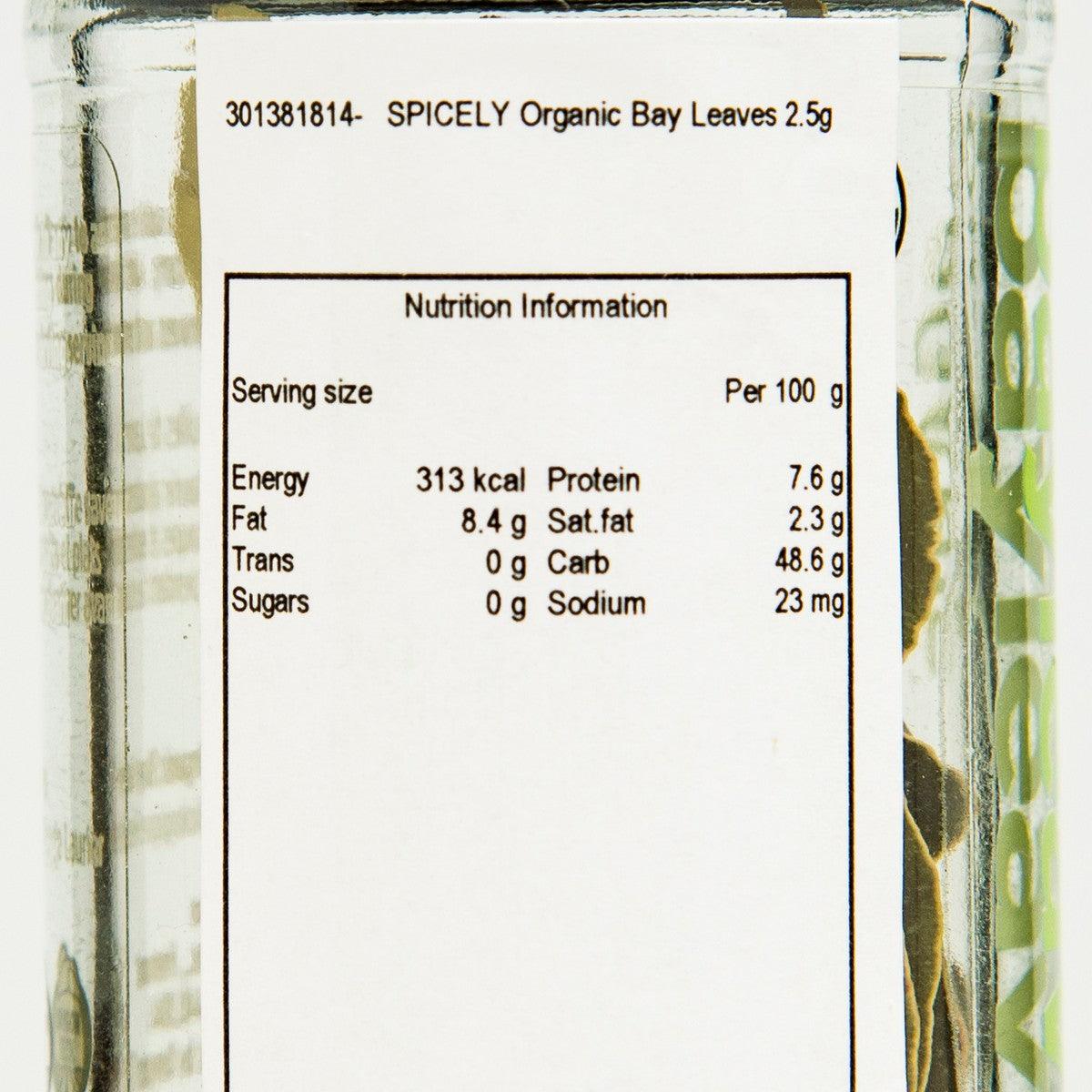 Bay leaves nutrition information panel on jar with serving size and nutrients