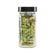 Organic green cardamom pods in glass jar with black lid, labeled SPICELY