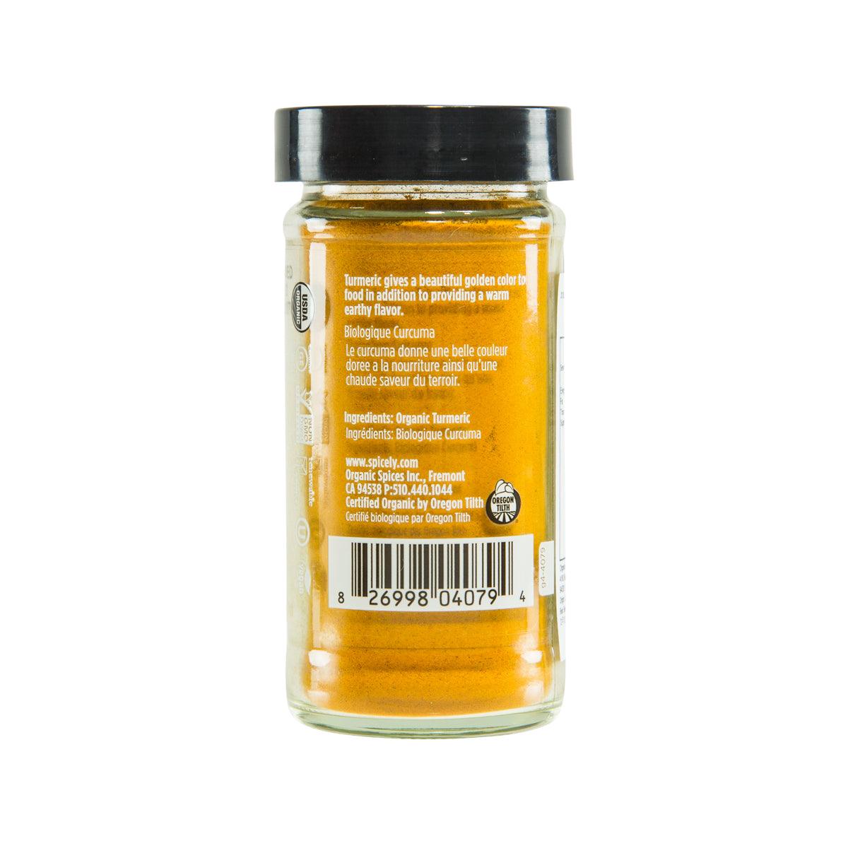SPICELY organic turmeric seasoning jar, back label on clear glass with black lid