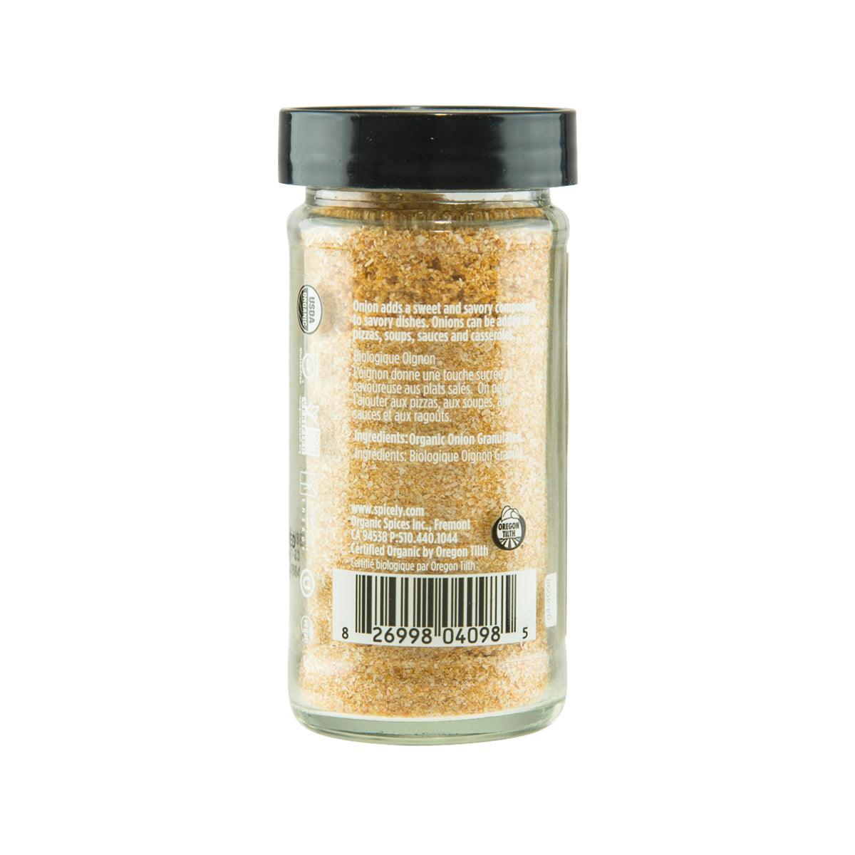 SPICELY organic onion granules jar back view with nutrition text and barcode