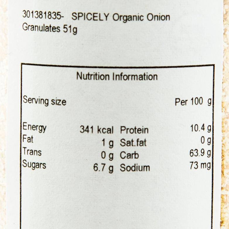 Nutrition information panel for SPICELY organic onion granules, per 100 g