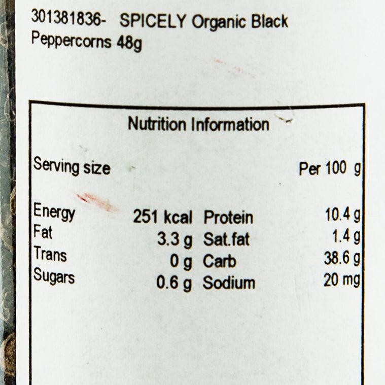 Nutrition information panel for SPICELY Organic Black Peppercorns, serving size and calories.