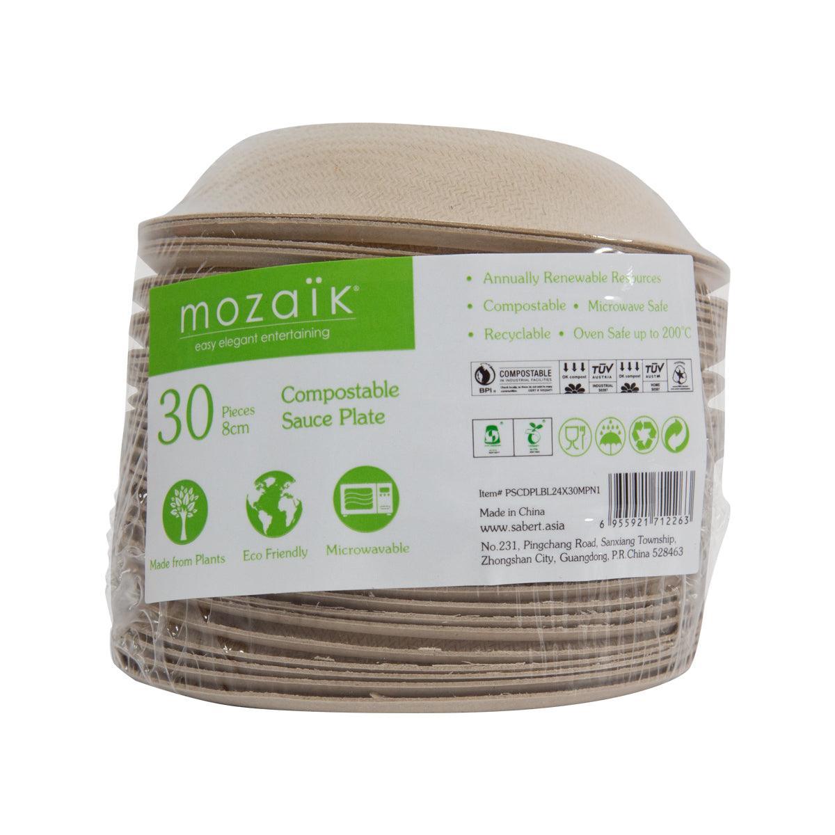 Pack of 30 mozaiK 8cm compostable sauce plates, labeled on clear bundle