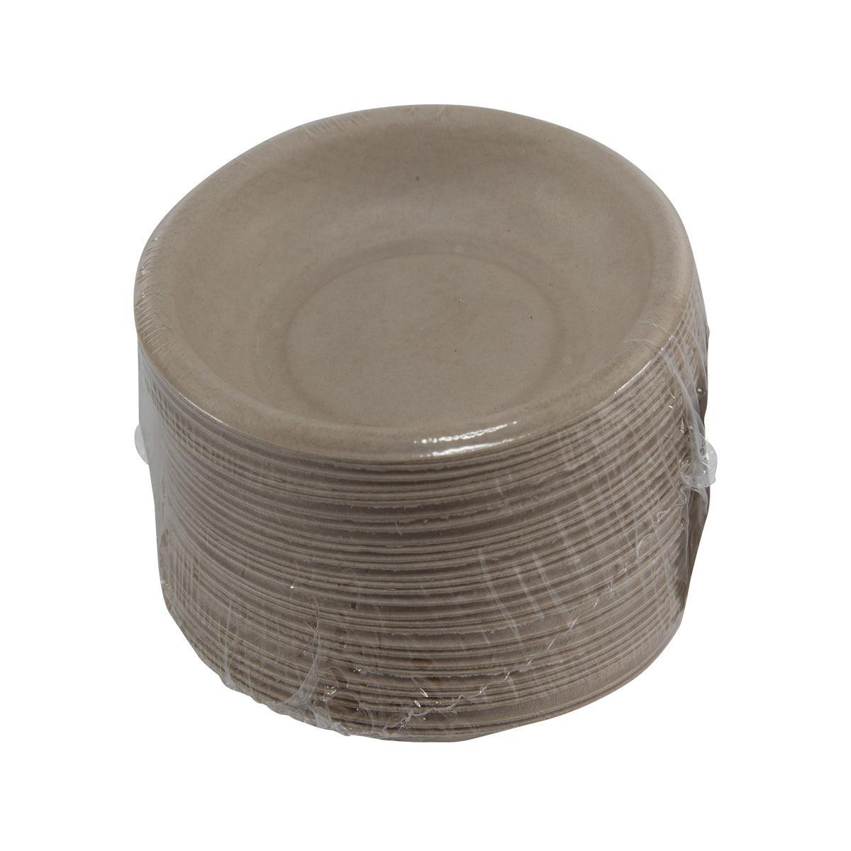 Round brown pulp sauce dipping plates, stacked, 8cm each