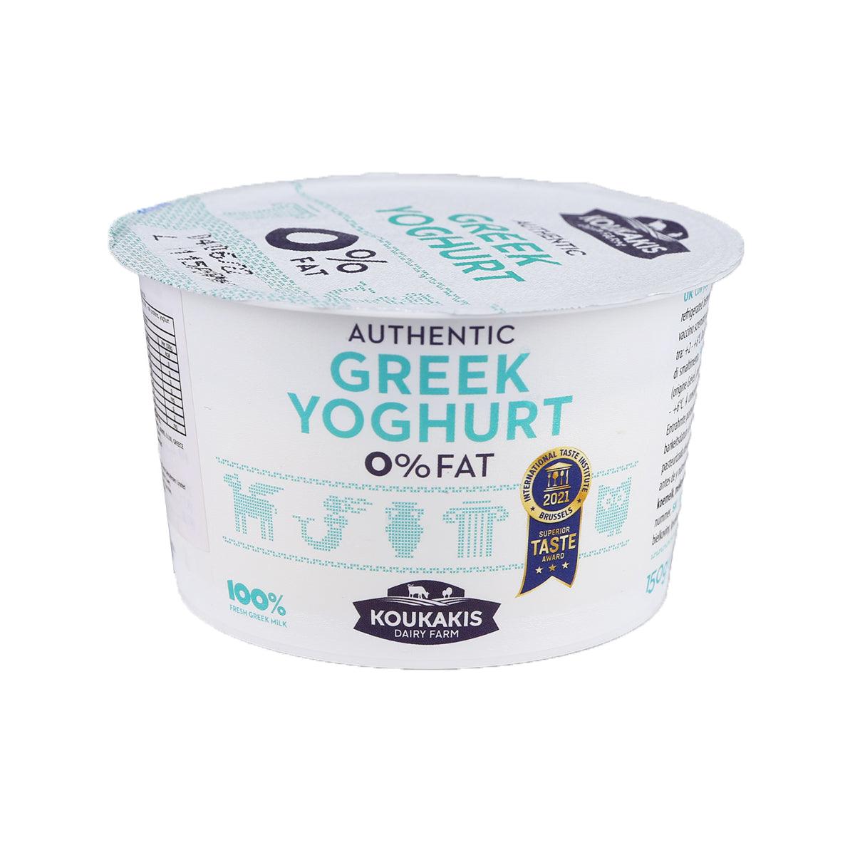 KOUKAKIS 0% fat Greek yogurt cup, 150g, white tub with teal branding