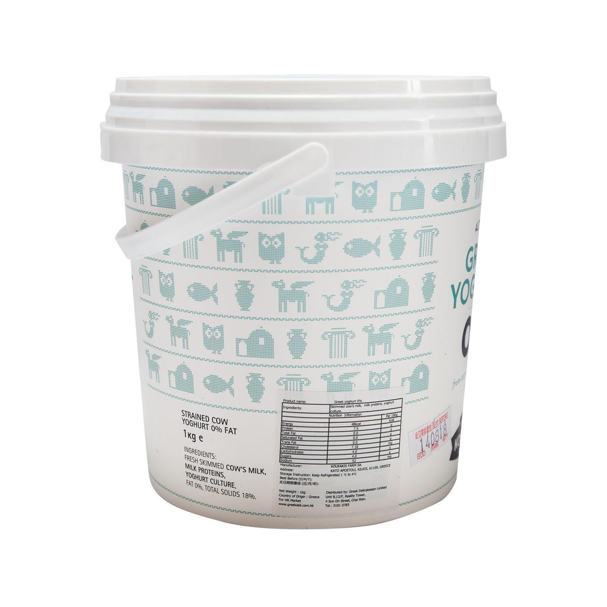 KOUKAKIS Greek yogurt 0% fat 1 kg tub, back label with nutrition table