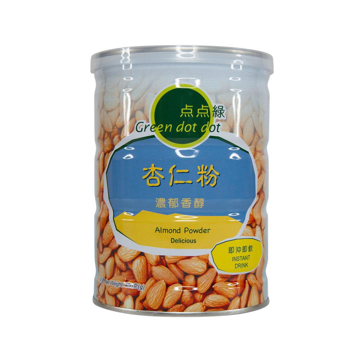Green dot dot almond powder jar, clear container with almond grains and front label