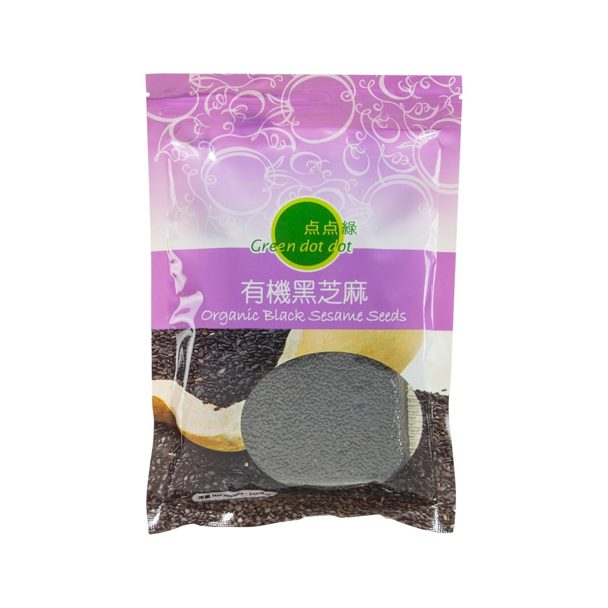 Green dot dot organic black sesame seeds pouch, front view with seed illustration