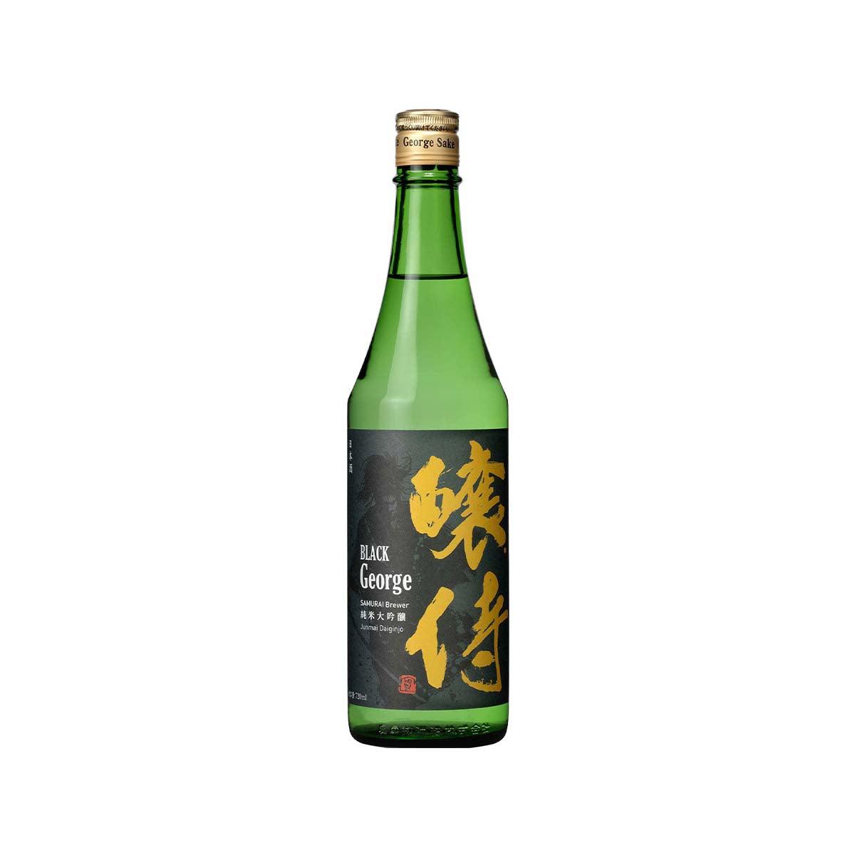 Dark green sake bottle with black label and gold lettering