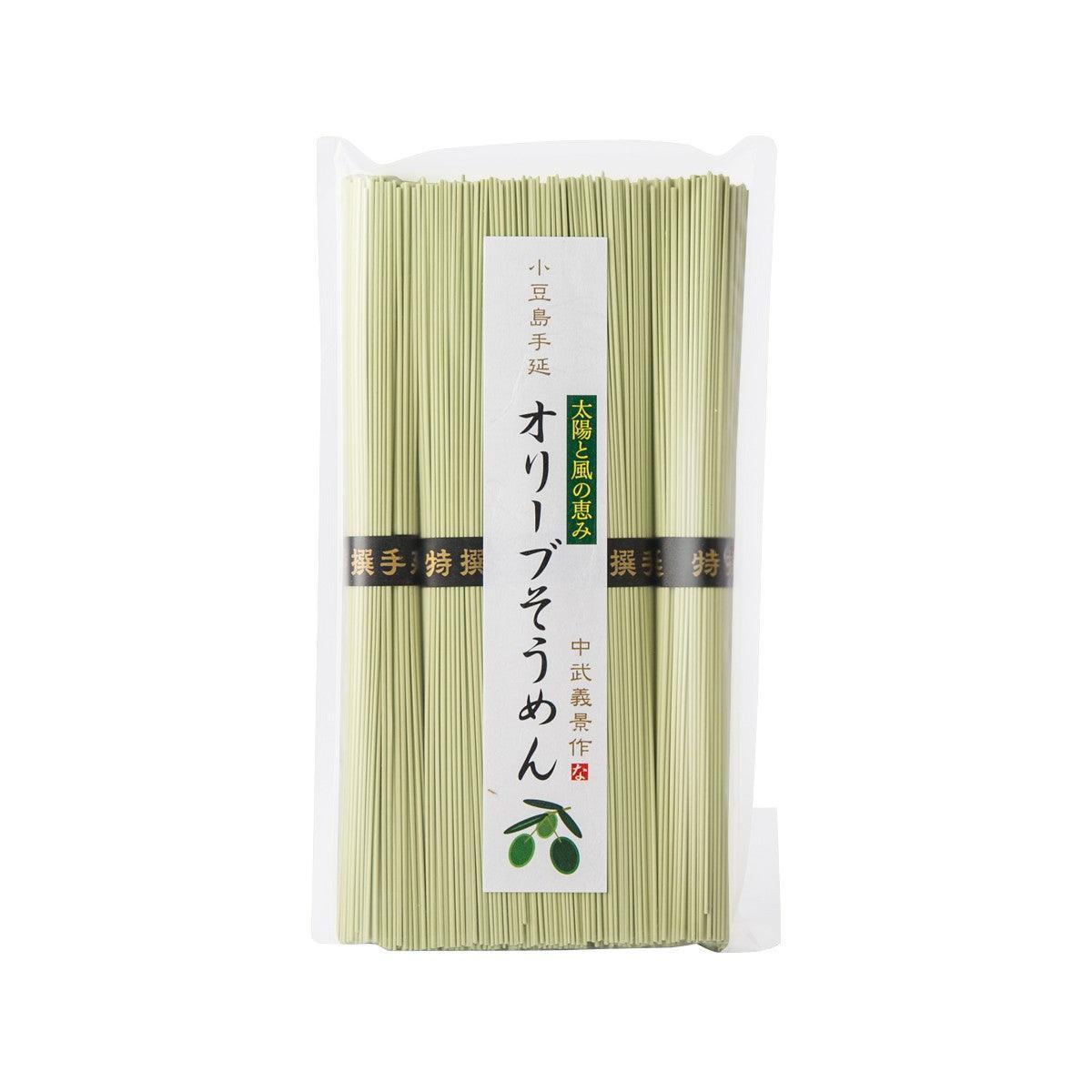 Olive somen noodle package with bundle of pale green noodles
