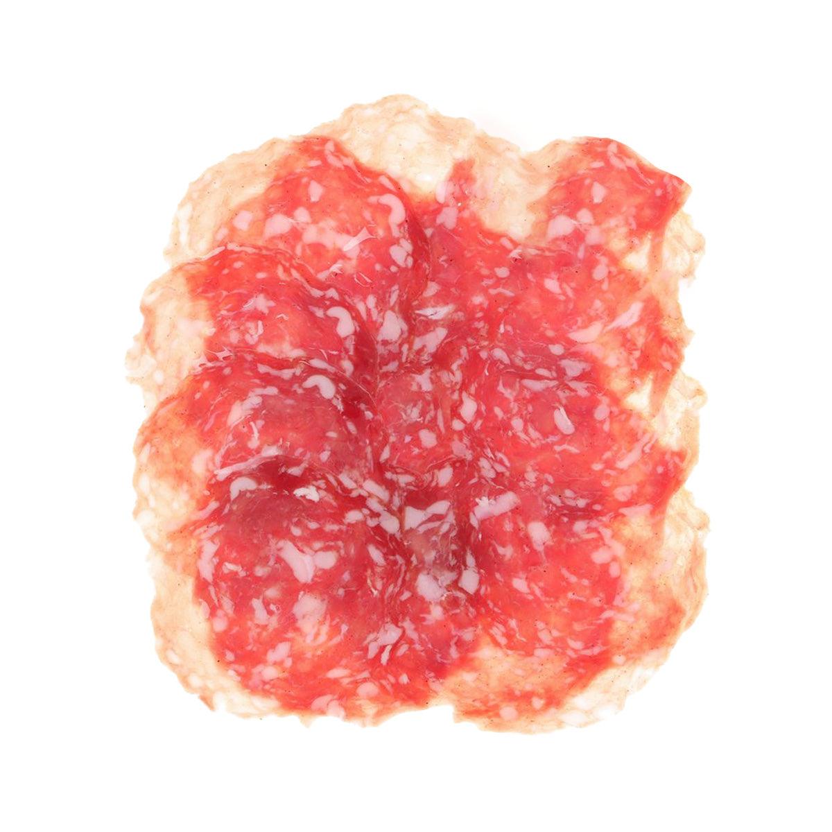 Cured salami rosette with red marbling and pale fat edges