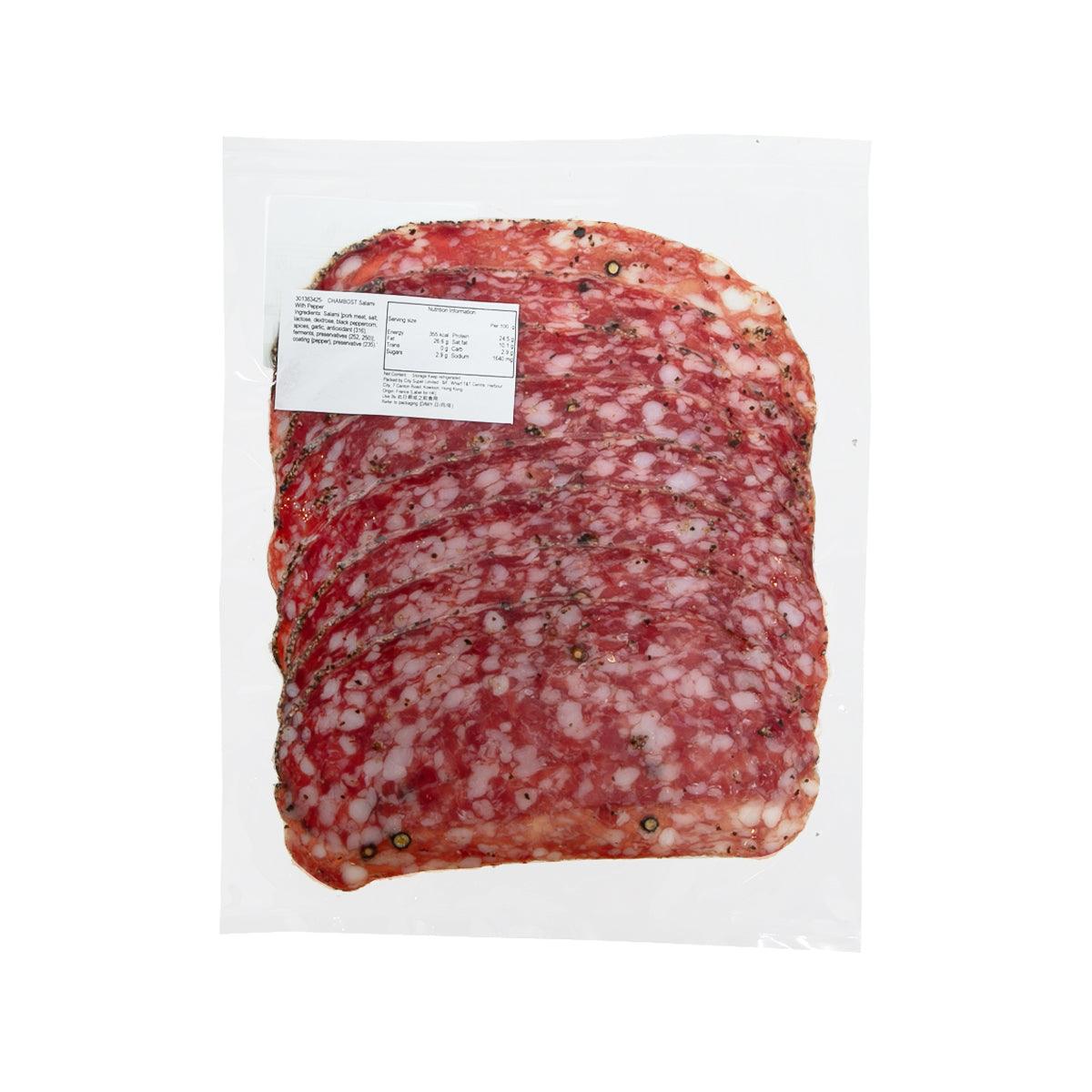 Pepper salami in vacuum-sealed wrapper, cured red meat with white fat specks