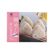 Packaged Japanese sea bream rice balls, three triangular rice balls on tray
