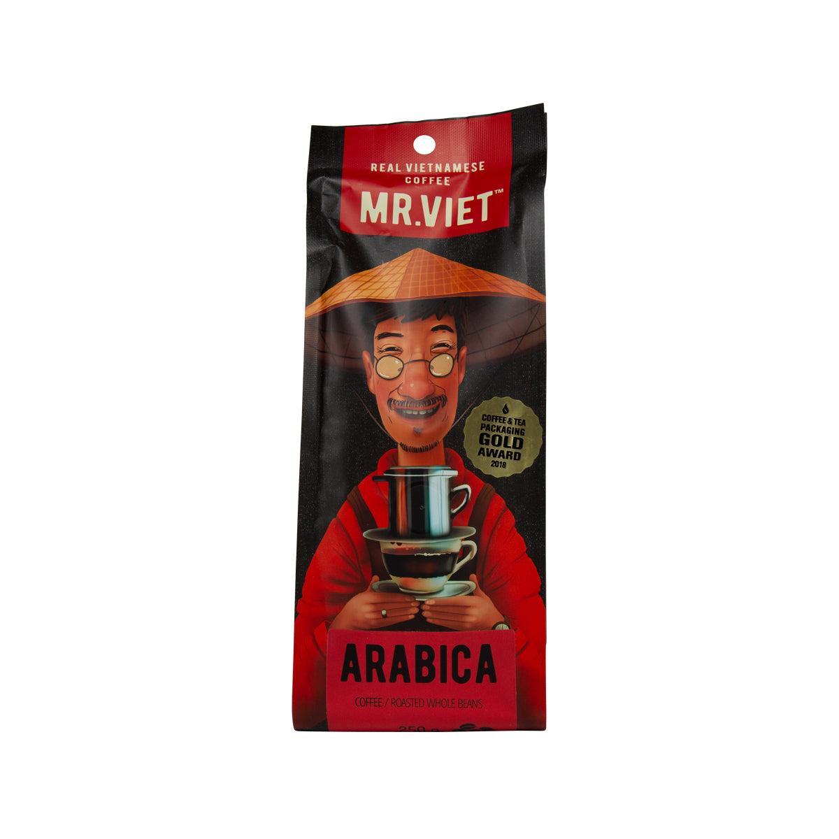 MRVIET Arabica coffee bean bag, black and red packaging with logo and label