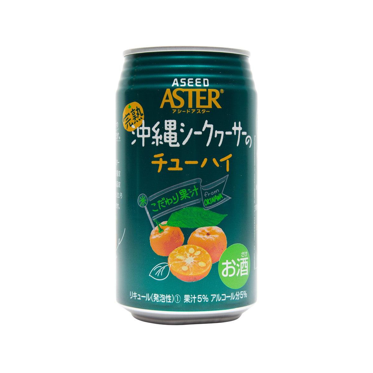 ASEED Aster Okinawa citrus shochu highball can, teal with orange citrus graphics