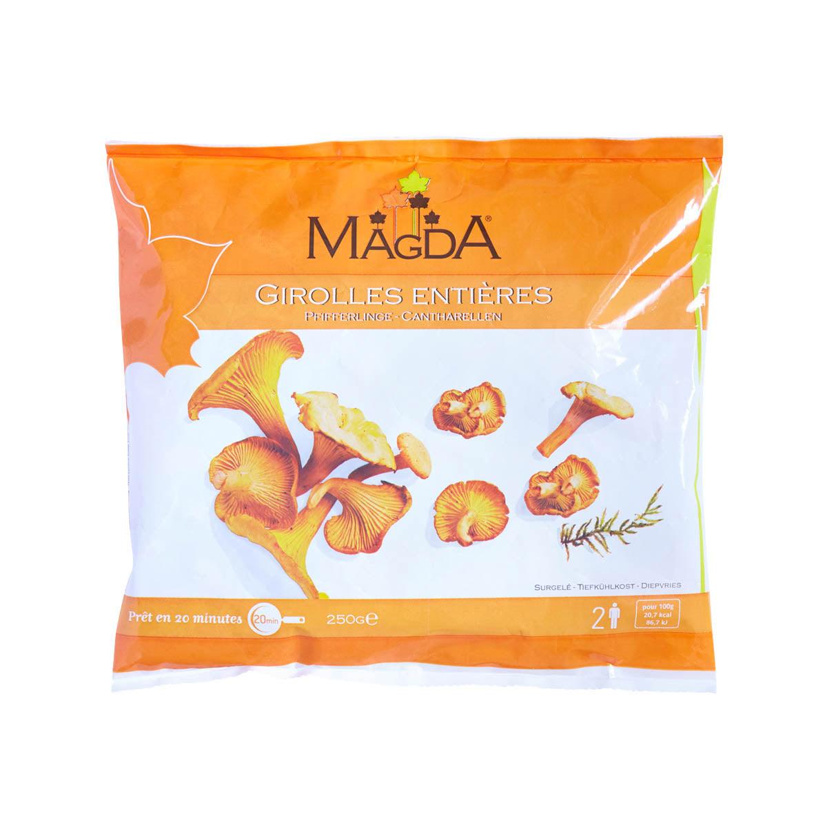MAGDA whole chanterelles 250g pouch, orange and white package with mushroom illustration