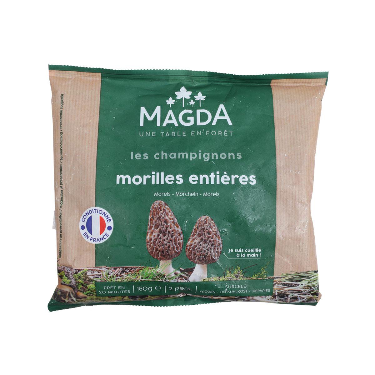 Frozen whole morel mushroom bag, front label with green and beige design