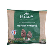 Frozen whole morel mushroom bag, front label with green and beige design