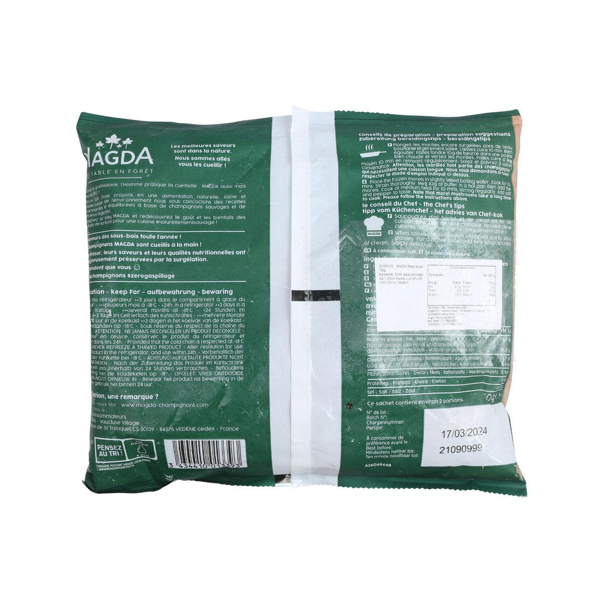 Frozen whole morel mushroom bag, back label with ingredients and directions