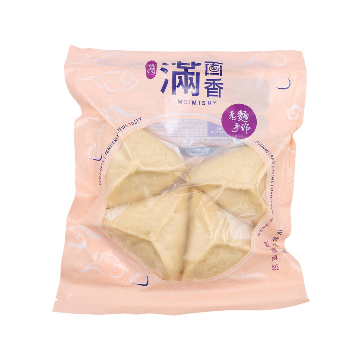 Frozen peanut stuffed buns in sealed pink pouch with clear window