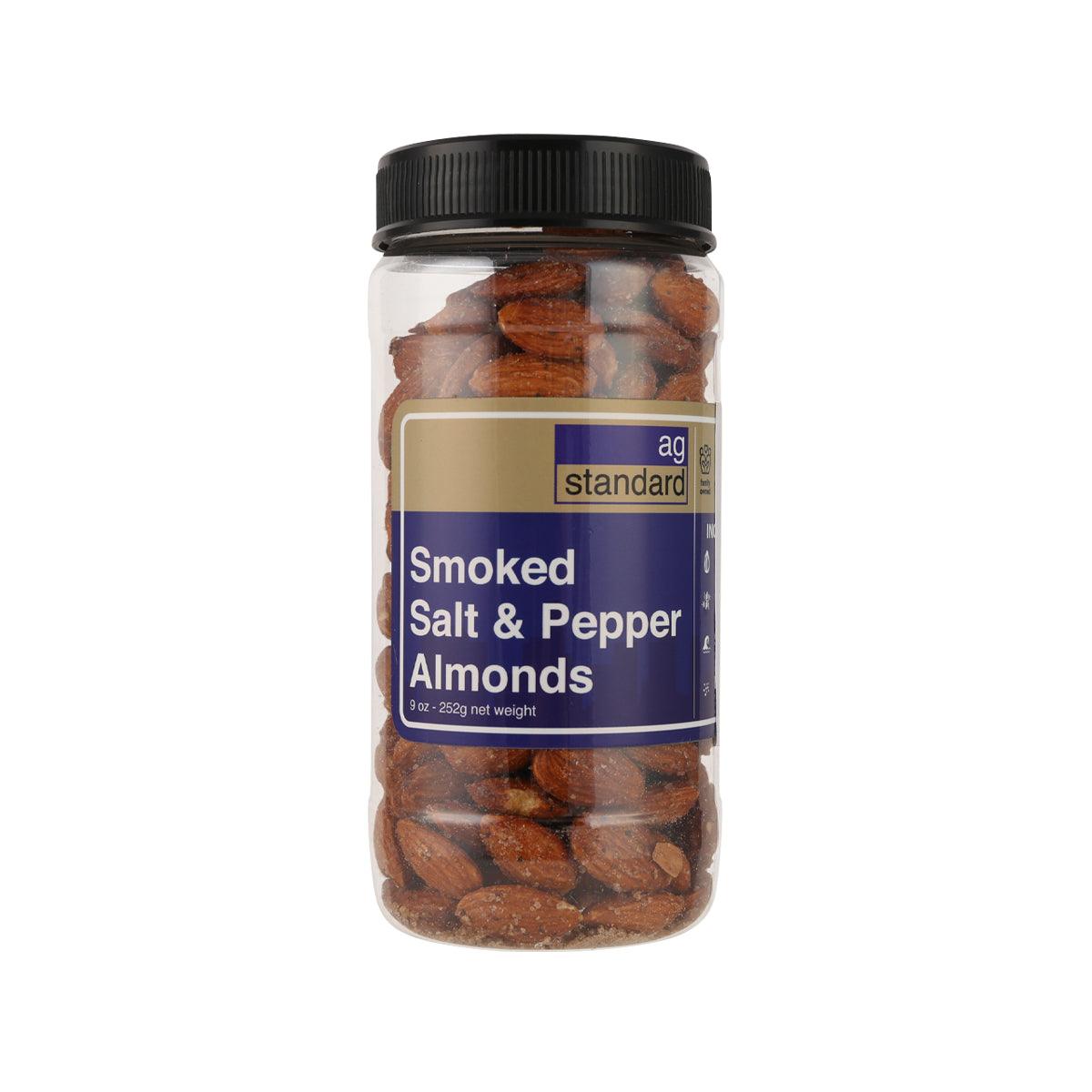 AG STANDARD smoked salt & pepper almonds jar with black lid and front label