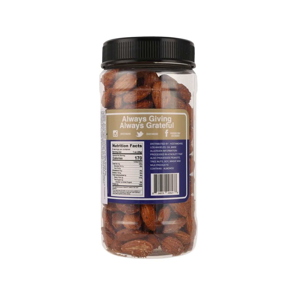 AG STANDARD smoked salt & pepper almonds jar with back label and nutrition panel