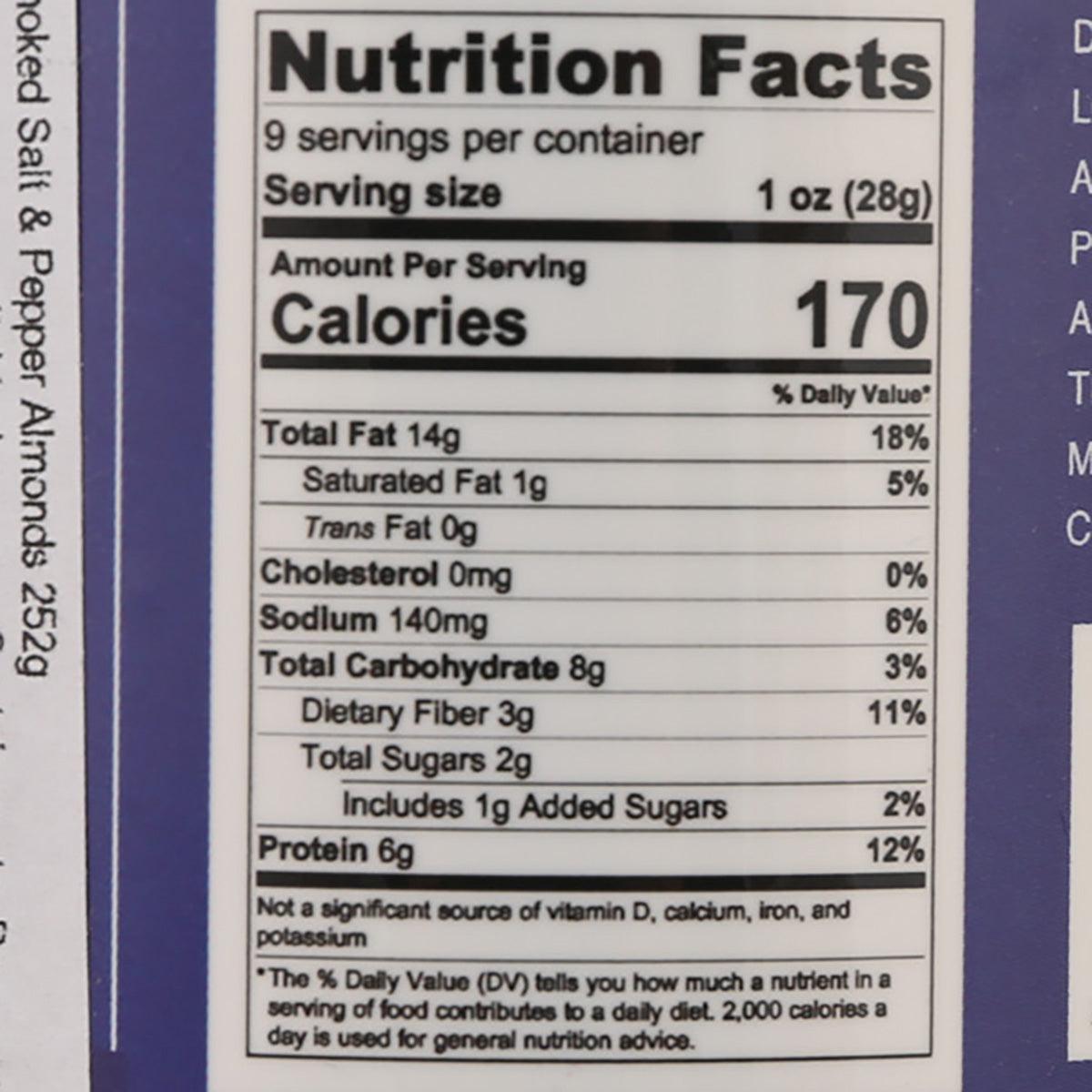 Nutrition Facts panel for smoked salt & pepper almonds, 1 oz (28g) serving
