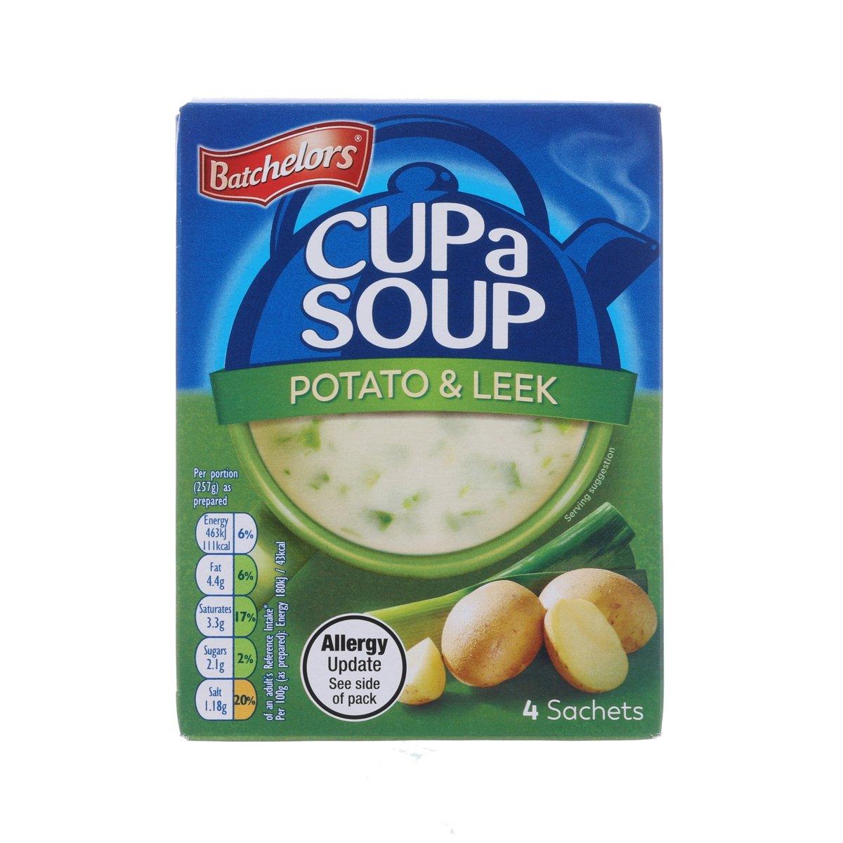 Cup a Soup Potato & Leek instant soup sachet pack, 4 sachets, blue and green carton.