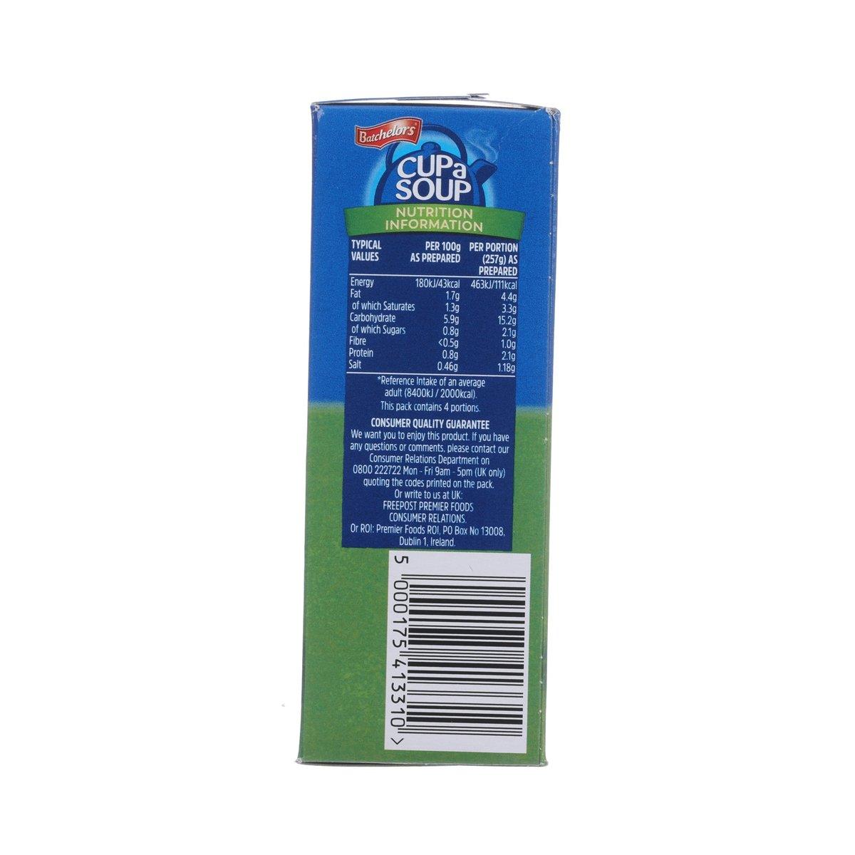 Cup a Soup Potato & Leek carton back with nutrition table and barcode, blue and green.