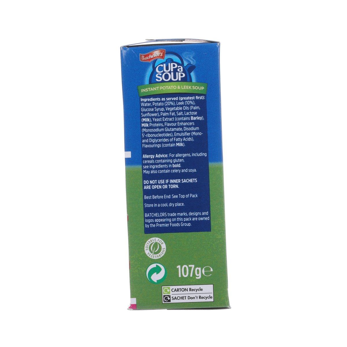 Cup a Soup Potato & Leek carton back with ingredients, allergy info, and 107g marking.