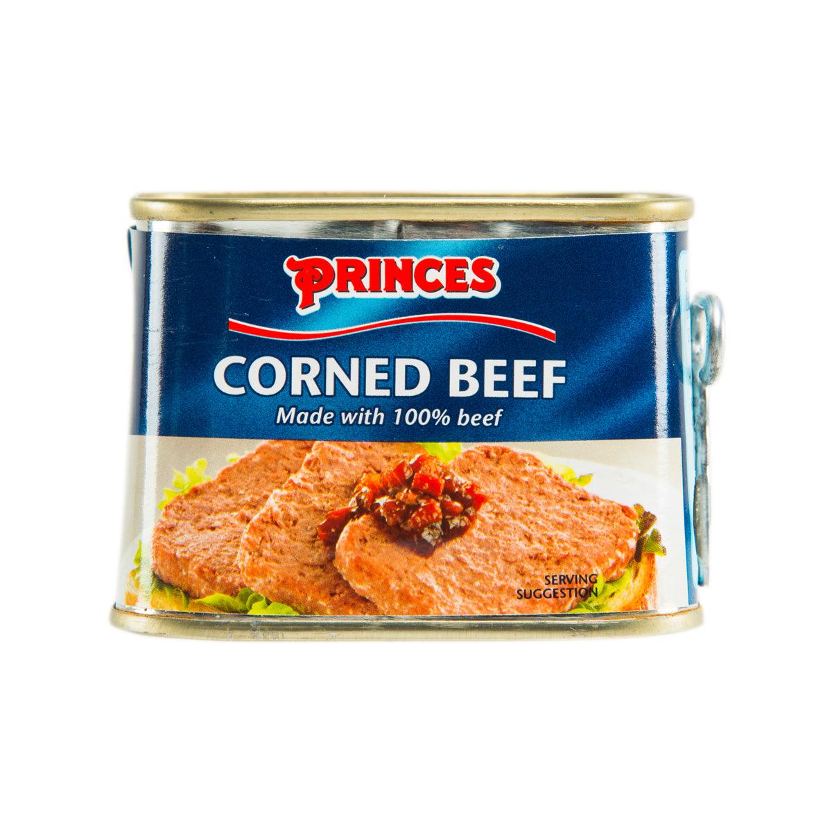 Princes corned beef can with blue label and serving suggestion, 200g