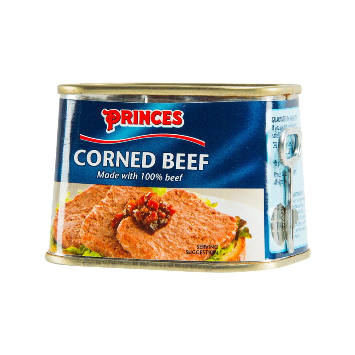 Princes corned beef can, blue front label and partial side panel, 200g