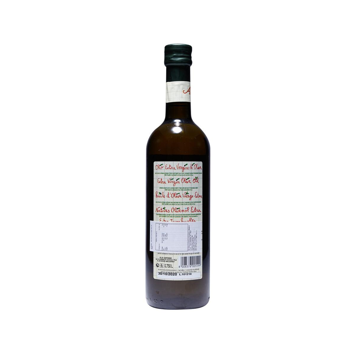 ANFOSSO extra virgin olive oil bottle, 750 mL, back label and barcode