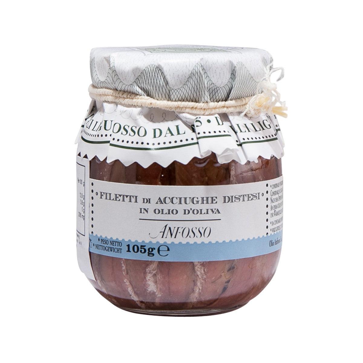 ANFOSSO jar of anchovy fillets in extra virgin olive oil, 105g, front label