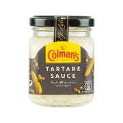 Tartare sauce jar with black lid and label, creamy sauce with visible herbs