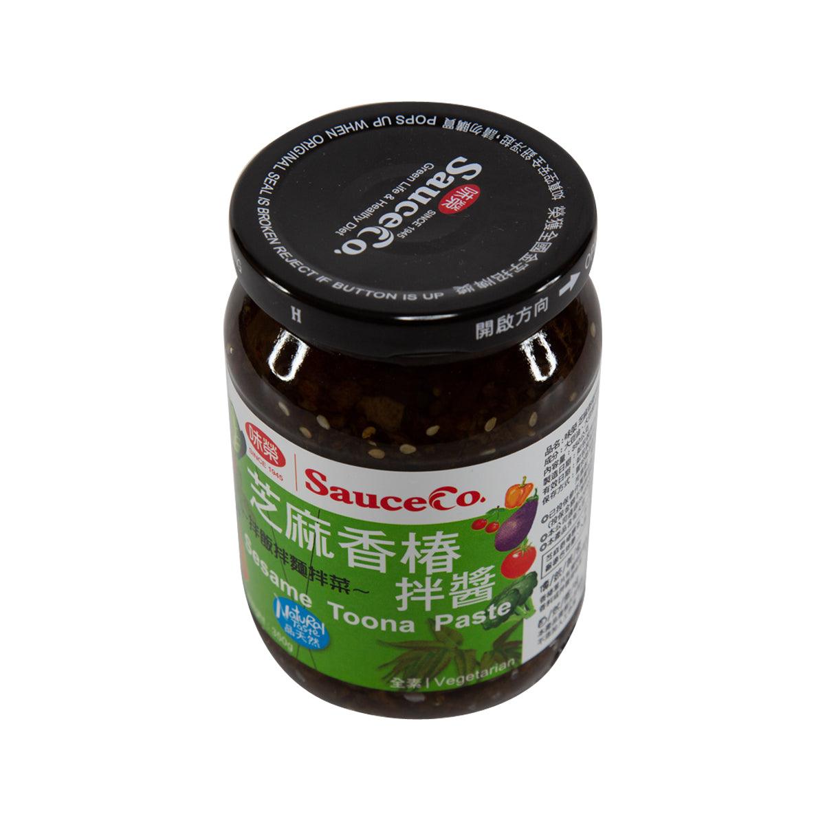 SauceCo Sesame Toona Paste jar with green front label, dark sesame paste