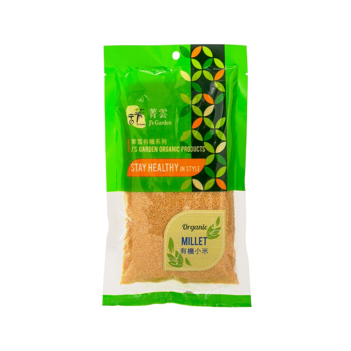 J'S GARDEN organic millet 350g pouch, green sealed bag with millet branding