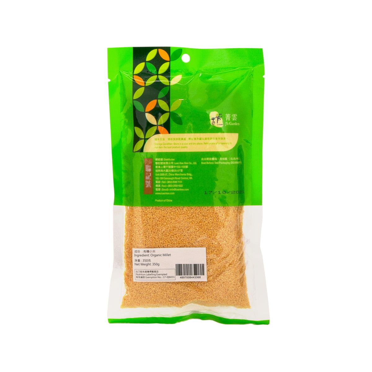 J'S GARDEN organic millet 350g pouch, back panel with ingredients and barcode
