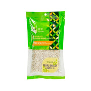 Organic pearl barley bag with visible pale grains and front label, 350 g