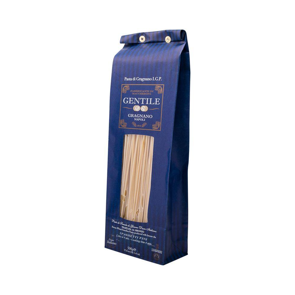 Artisanal spaghetti pasta bag, blue with window showing light spaghetti strands