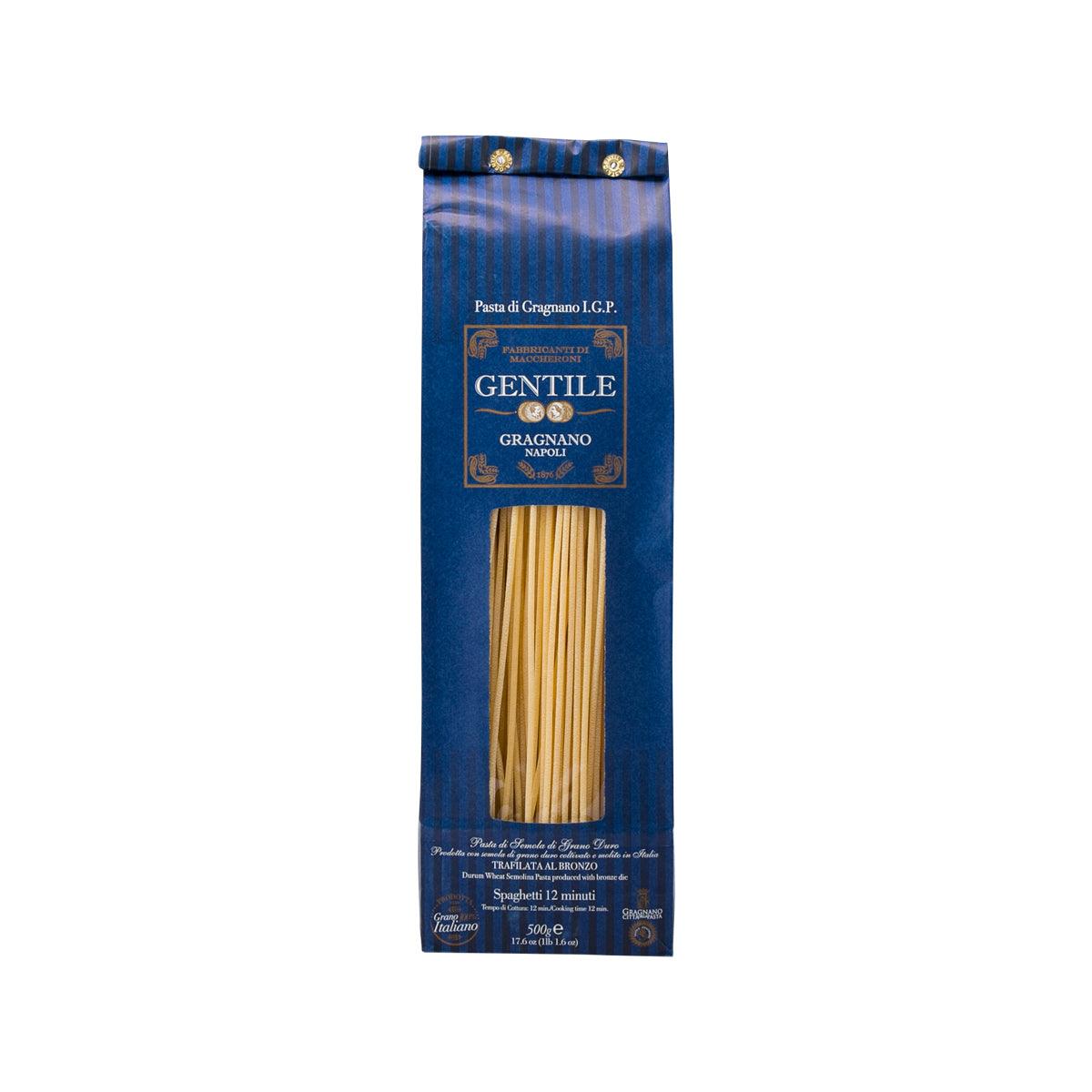 Spaghetti pasta bag with dry spaghetti sticks, GENTILE Gragnano IGP in blue package