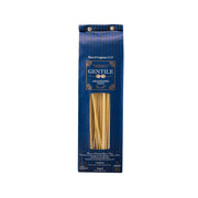 Blue striped linguine pasta bag with window showing wheat strands