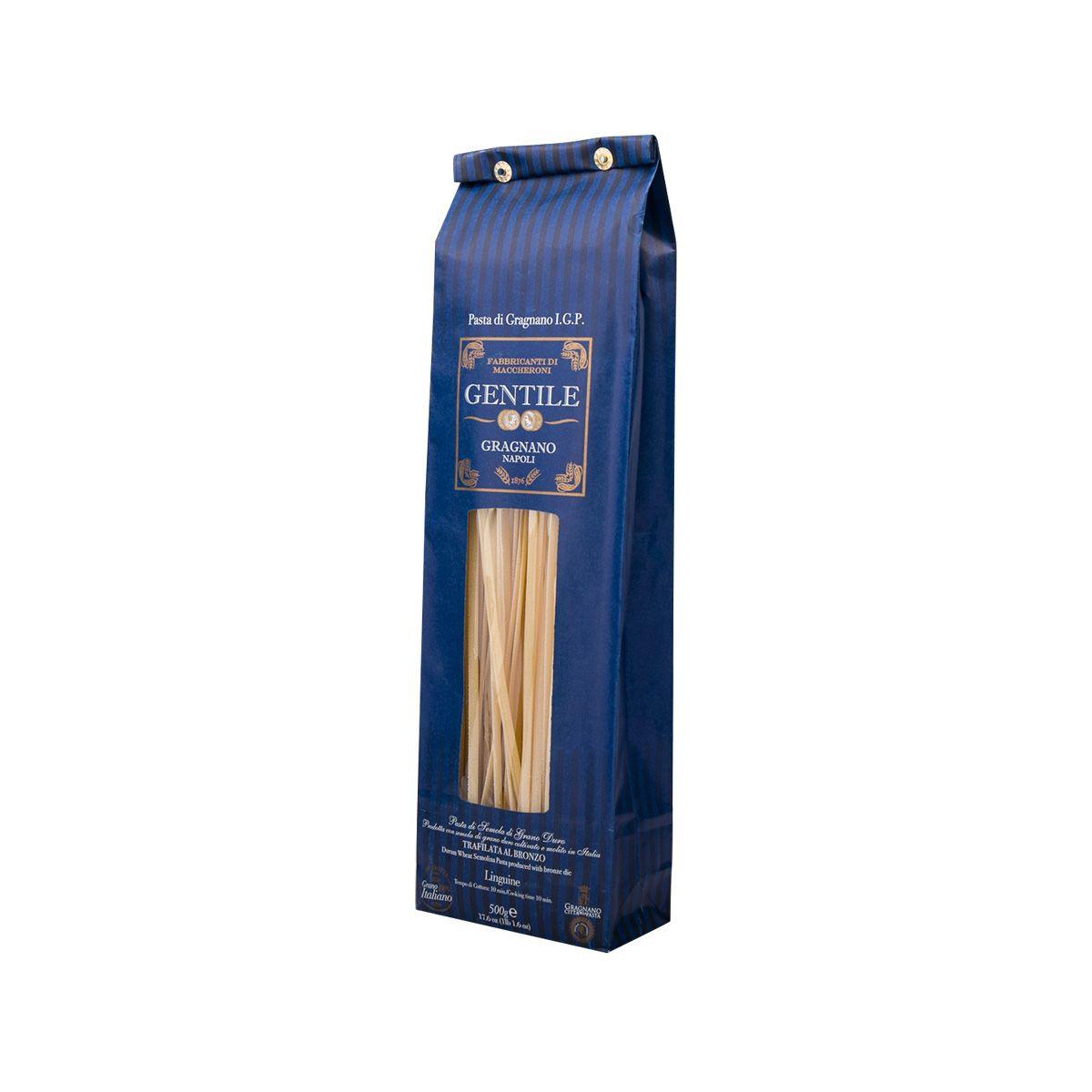Blue striped linguine pasta bag standing upright with window view of strands