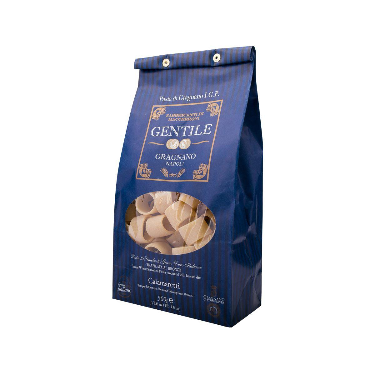 500g Gentile calamaretti pasta bag, blue side view with clear window