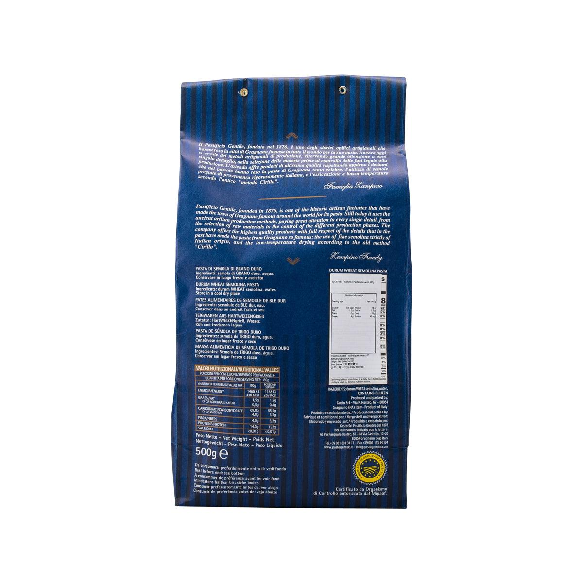 500g Gentile calamaretti pasta bag back with ingredient and nutrition panel