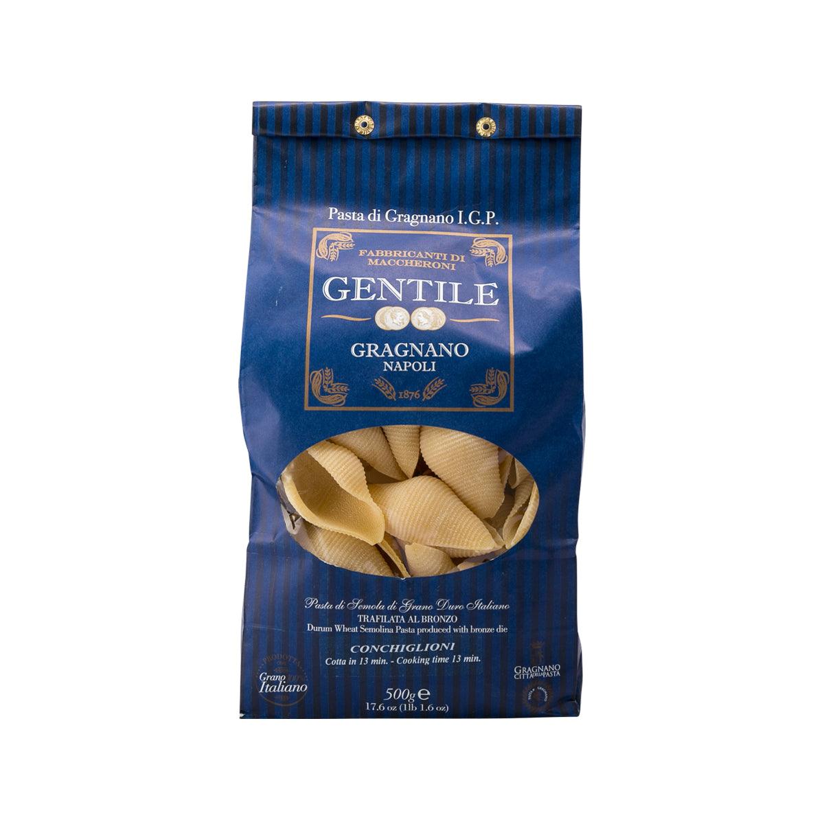 GENTILE conchiglioni pasta pouch 500g, blue bag with shell pasta window
