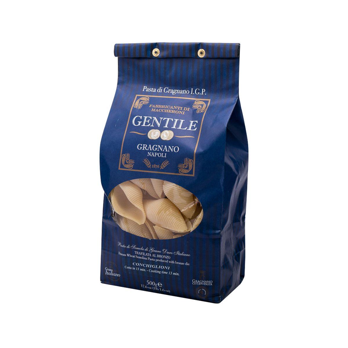 GENTILE conchiglioni pasta pouch 500g, blue bag showing shell pasta window
